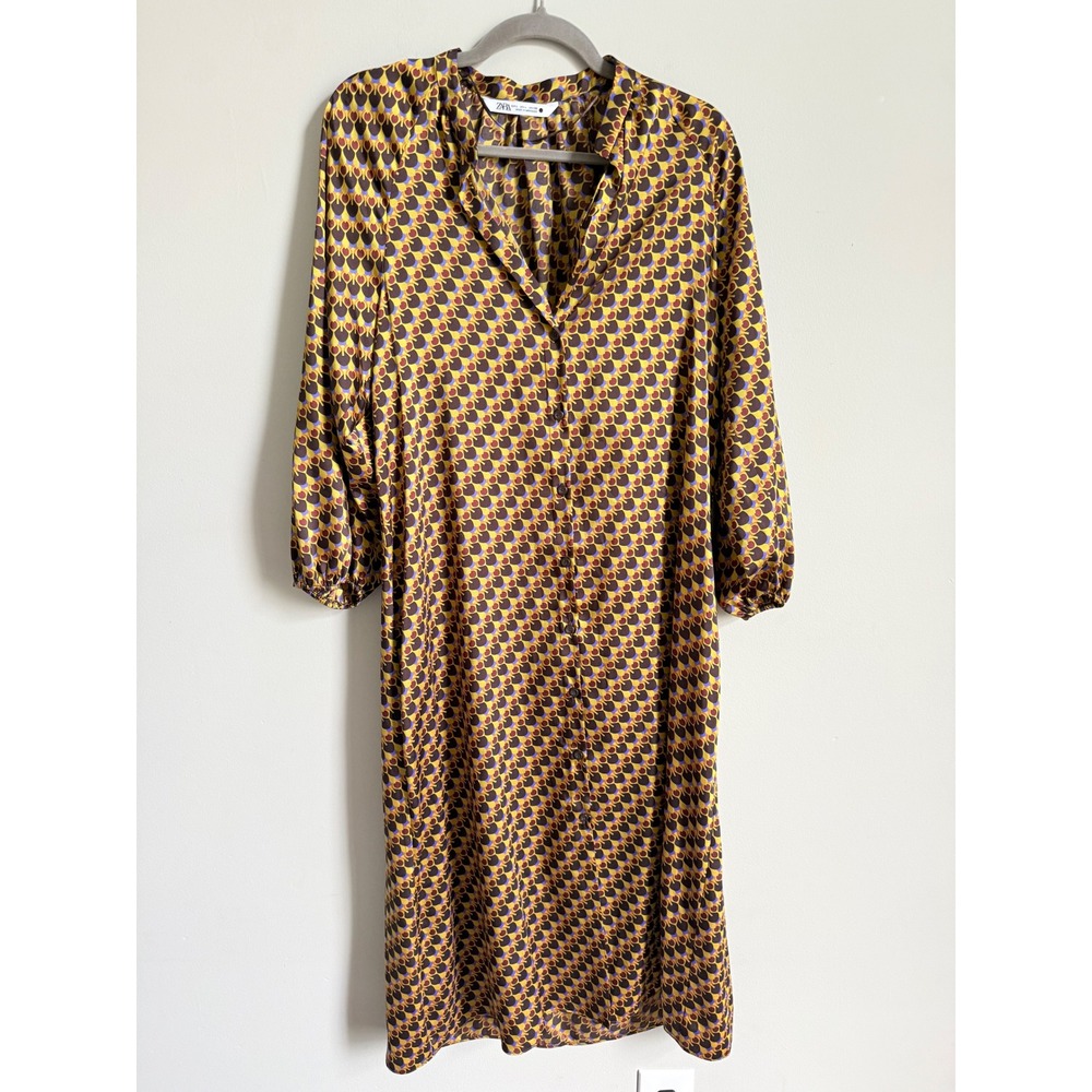 Zara Womens Geometric Retro Print Midi Shift Dress Mustard Brown V-Neck Large